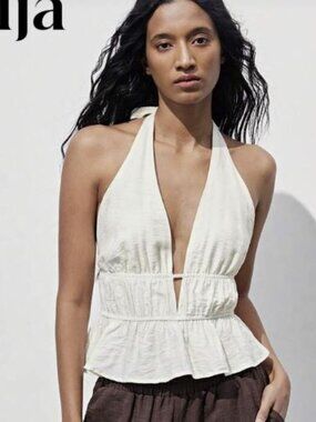 SHEIN Cream Halter Ruffle Trim Camisole